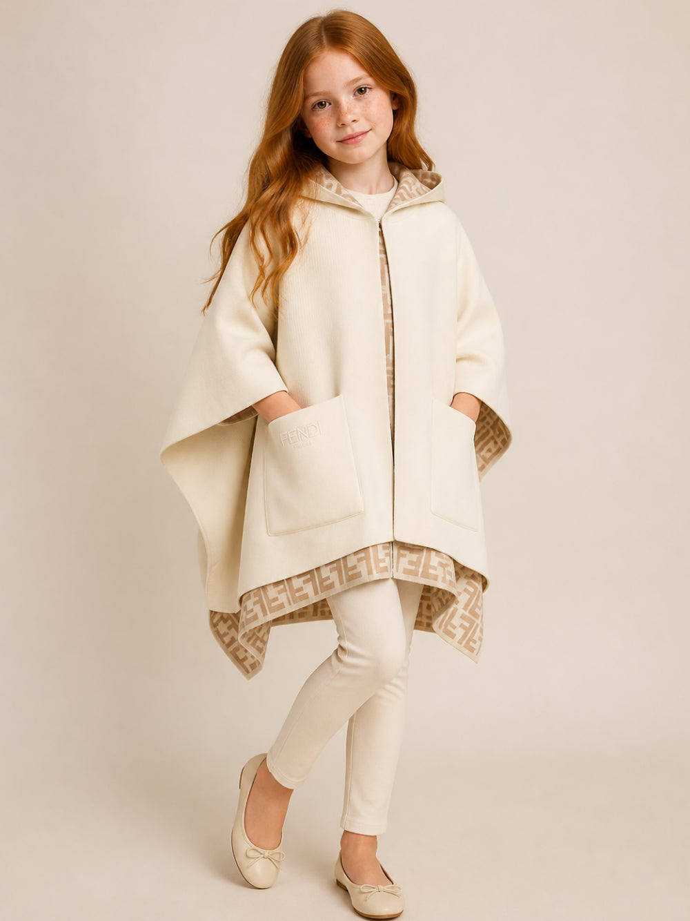 Poncho per bambina Fendi Kids beige con motivo con monogramma JFQ057 AO29 F0UQ1 FENDI KIDS 