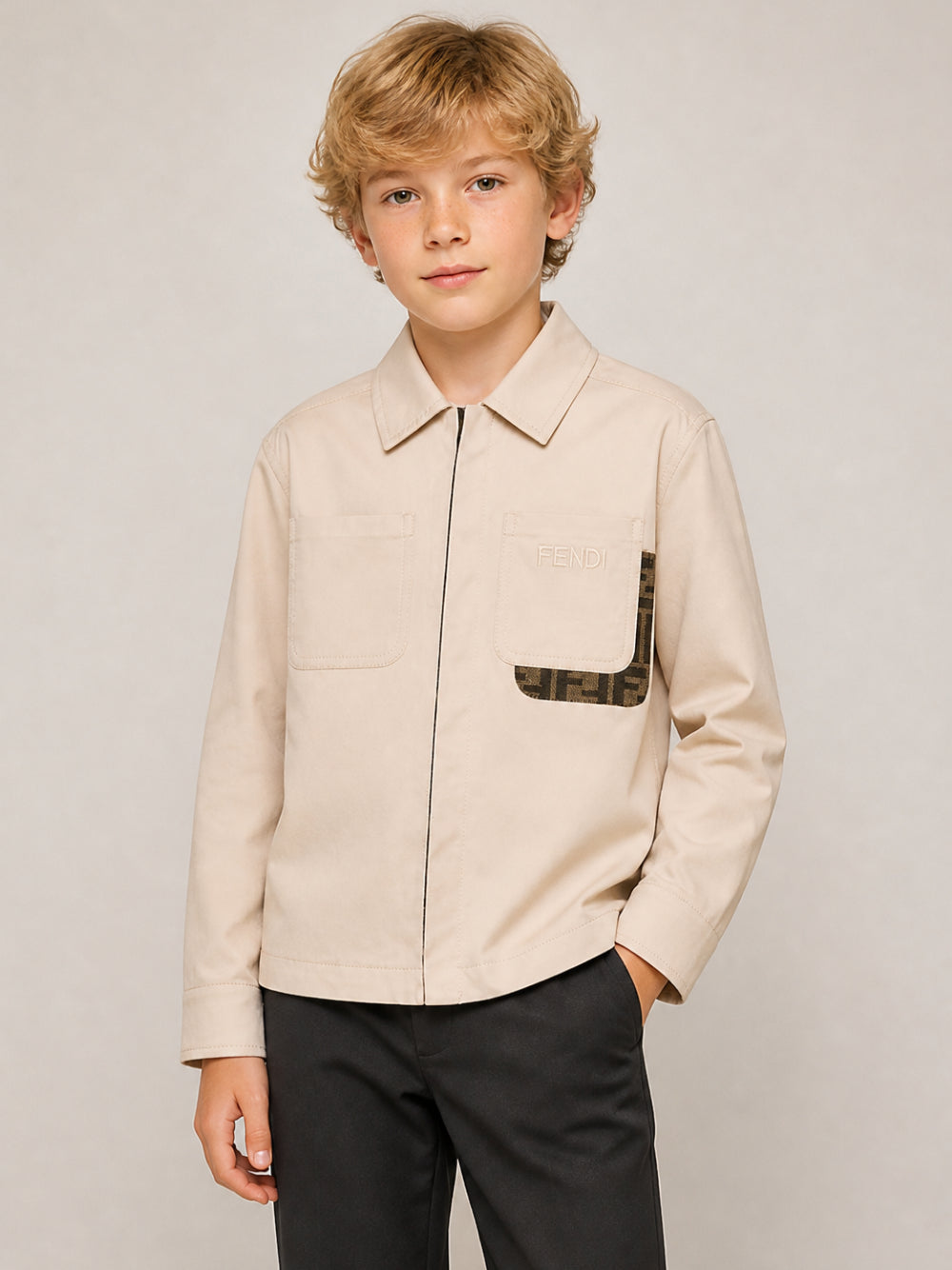 Camicia per bambino Fendi Kids beige con motivo FF JMA355 AS5Y F1P2N FENDI KIDS 