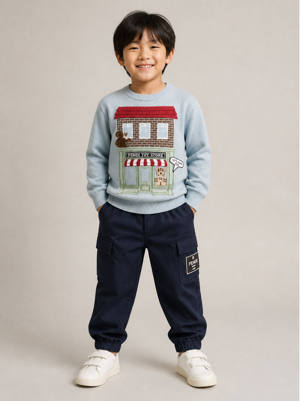 Pantaloni cargo per bambino Fendi Kids blu con patch con logo sul davanti JMF600 AS5Y F1I11 FENDI KIDS 