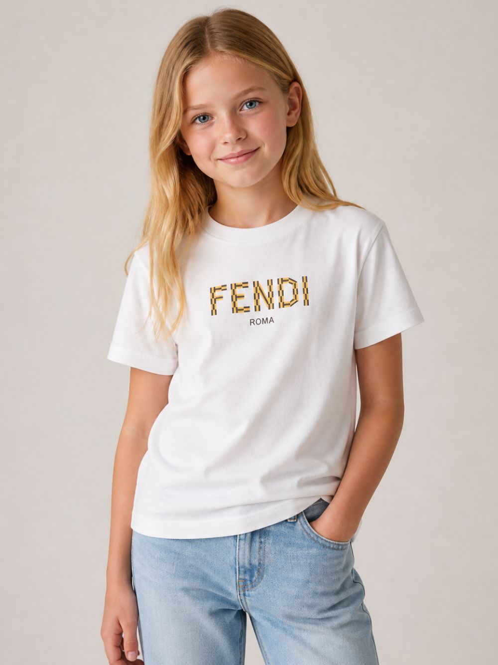 T-shirt per bambina Fendi Kids bianca con applicazione con logo JMI463 7AJ F0TU9 FENDI KIDS 