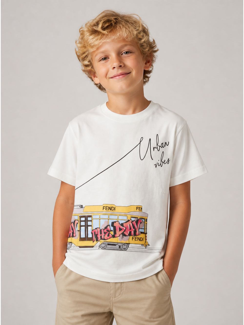 T-shirt per bambino Fendi Kids bianca con stampa grafica JMI525 AVWL F0TU9 FENDI KIDS 
