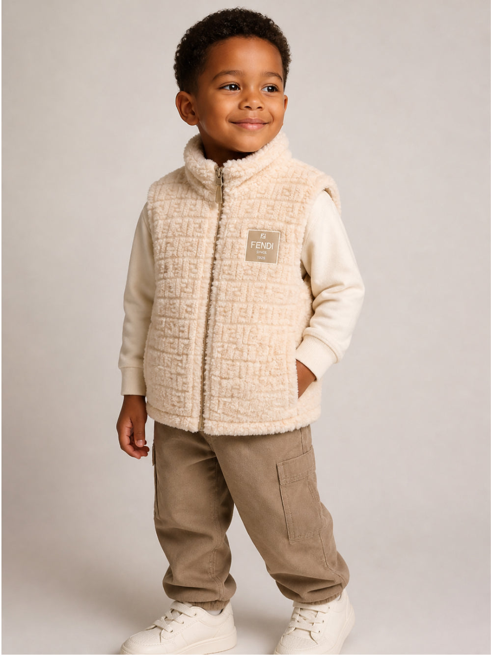 Gilet per bambino Fendi Kids beige con motivo logo FF all-over JUA279 AY8J F0WC4 FENDI KIDS 