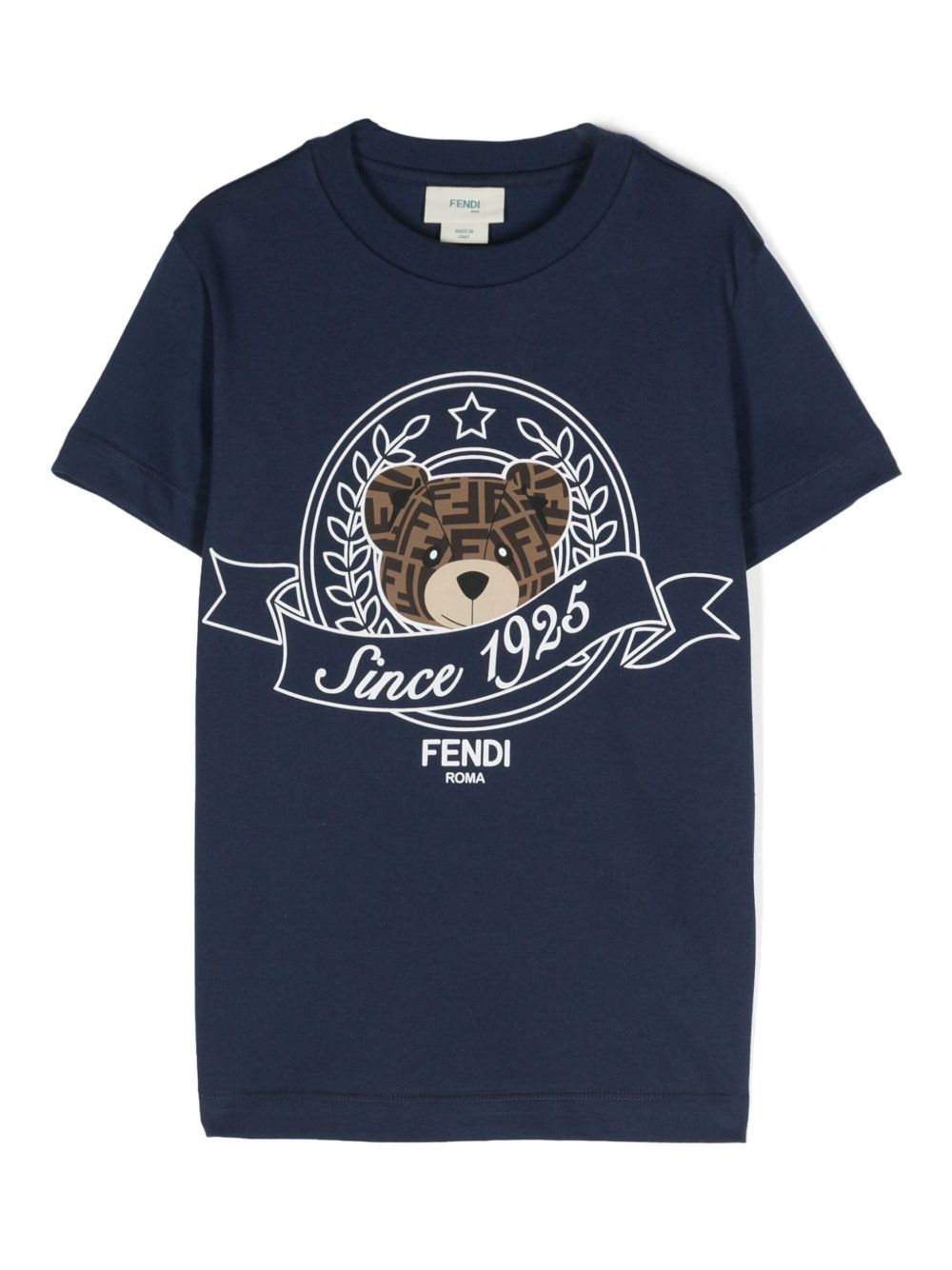 T-shirt per bambino Fendi Kids blu navy con stampa logo sul davanti JUI162 7AJ F1I11 FENDI KIDS 