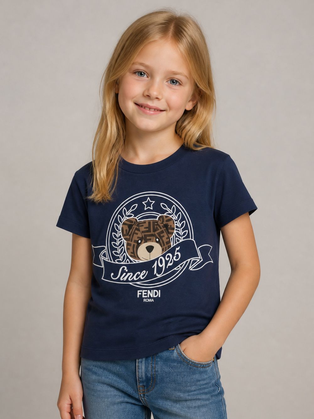 T-shirt per bambino Fendi Kids blu navy con stampa logo sul davanti JUI162 7AJ F1I11 FENDI KIDS 