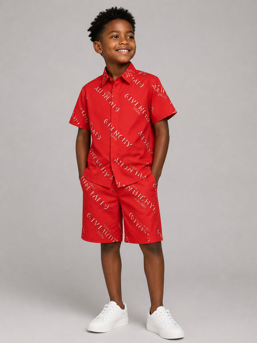 Completo camicia e shorts per bambino Givenchy Kids rosso con stampa logo H31277 991 GIVENCHY KIDS 