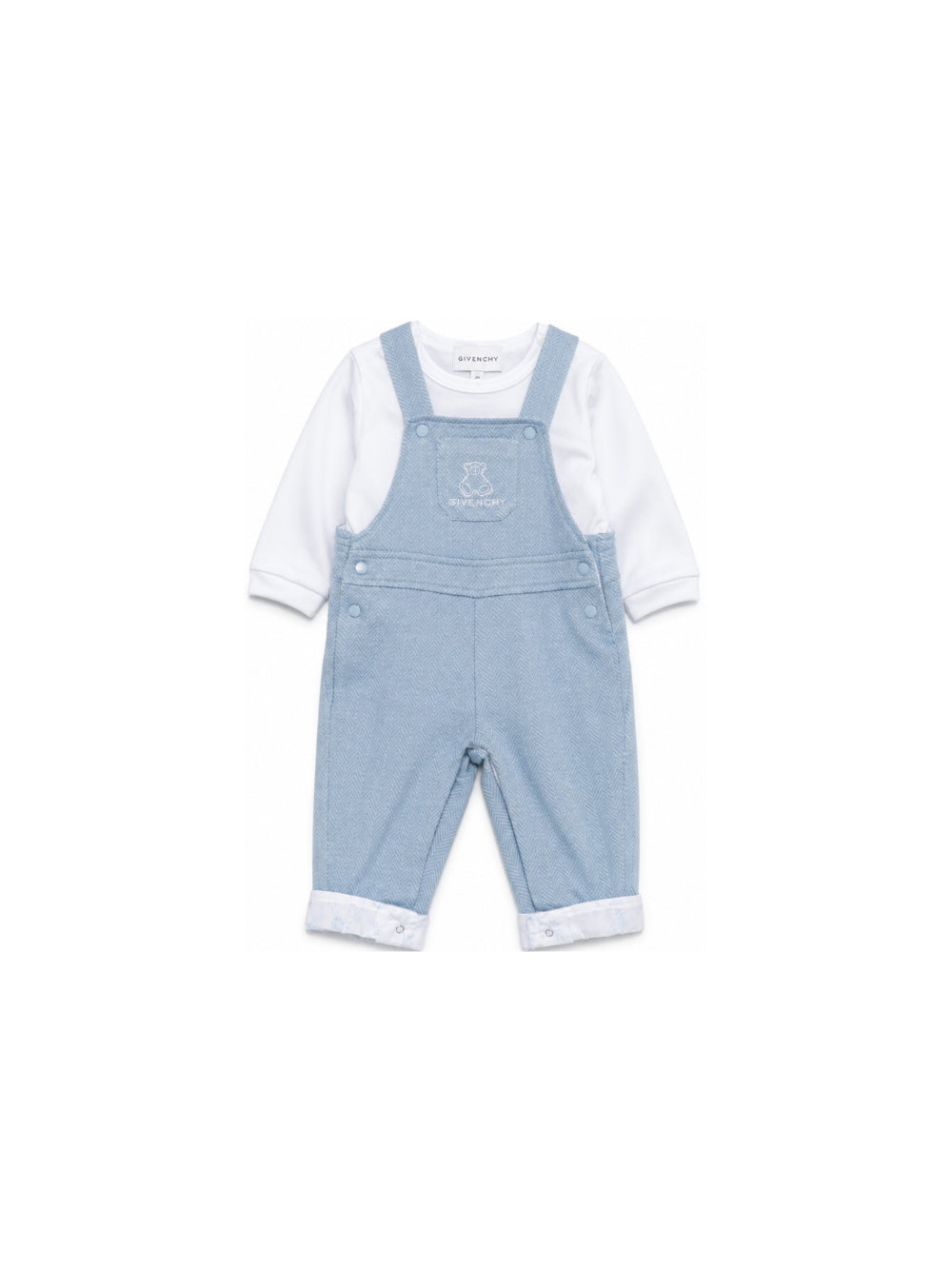 Set salopette e T-shirt per neonato Givenchy Kids azzurro con motivo a spina di pesce H31538 783 GIVENCHY KIDS 