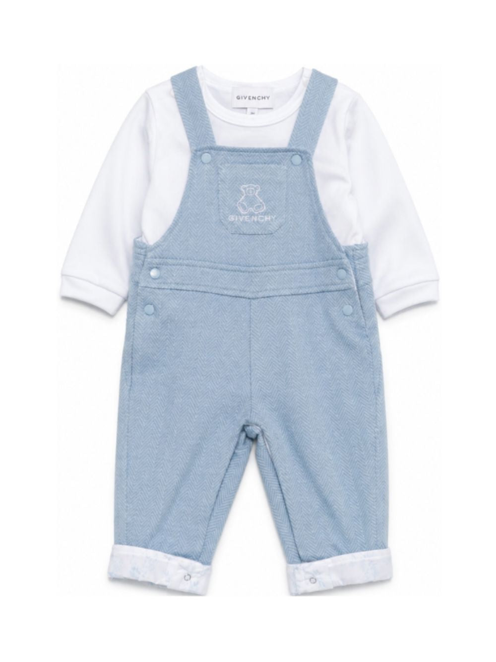 Set salopette e T-shirt per neonato Givenchy Kids azzurro con motivo a spina di pesce H31538 783 GIVENCHY KIDS 