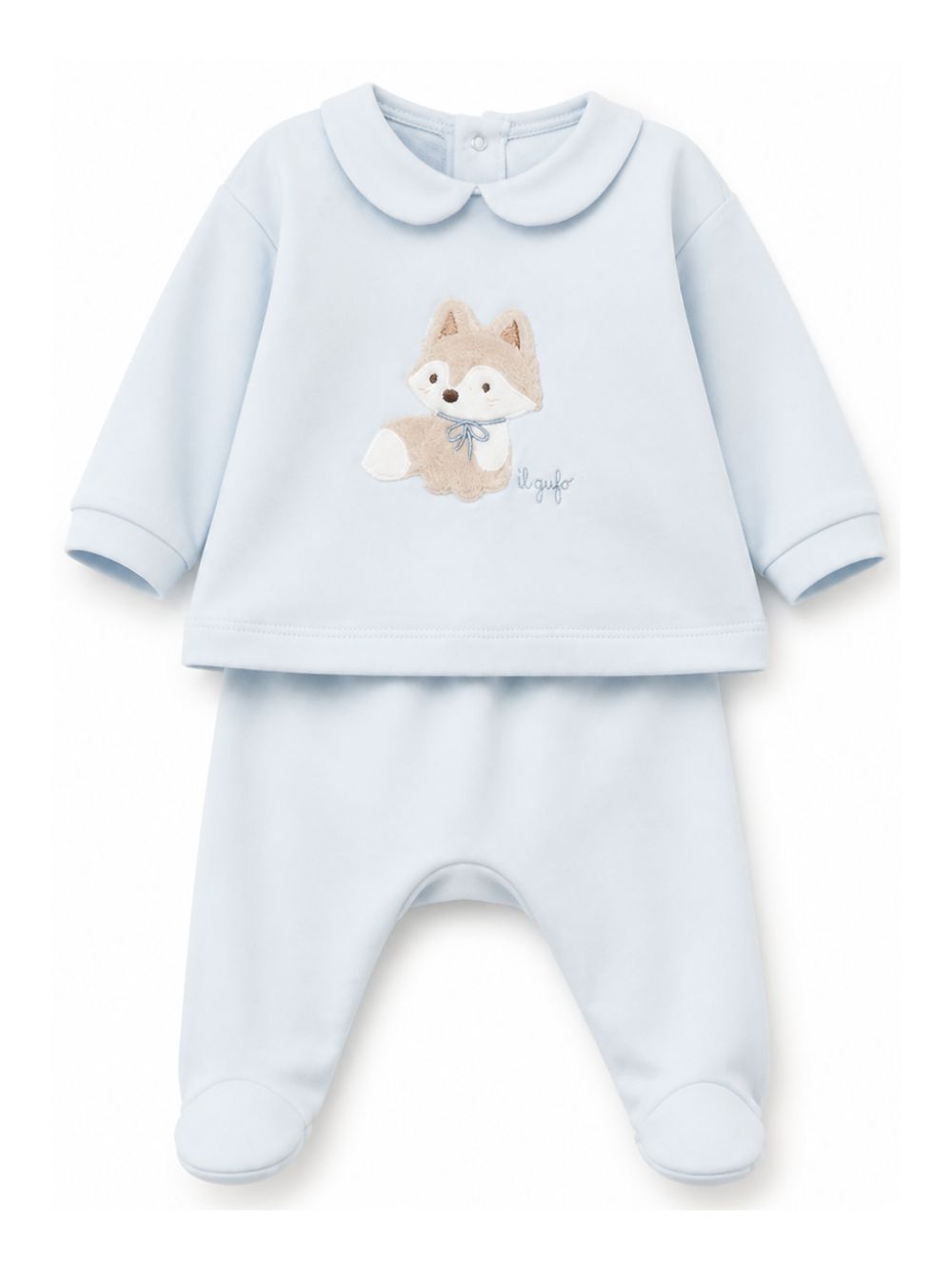 Tutina per neonato Il Gufo Kids azzurro con colletto Peter Pan e toppa a volpe A26GDF0036M0100 404 IL GUFO KIDS 