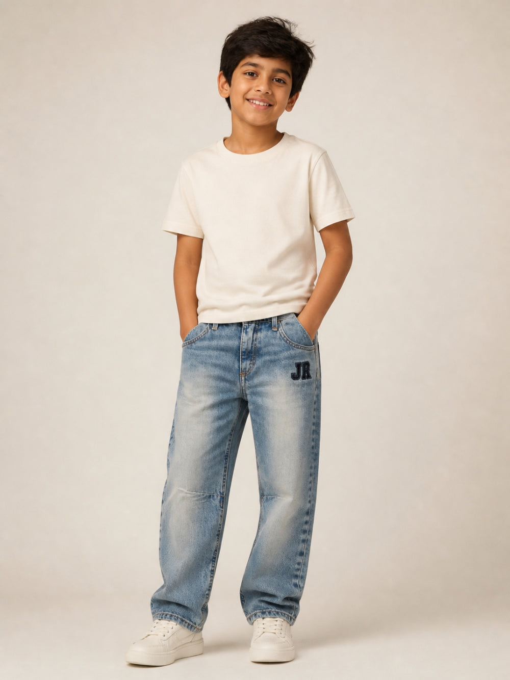 Jeans per bambino John Richmond Kids in denim con applicazione del logo RBA26151JE DENIM SAND JOHN RICHMOND KIDS 