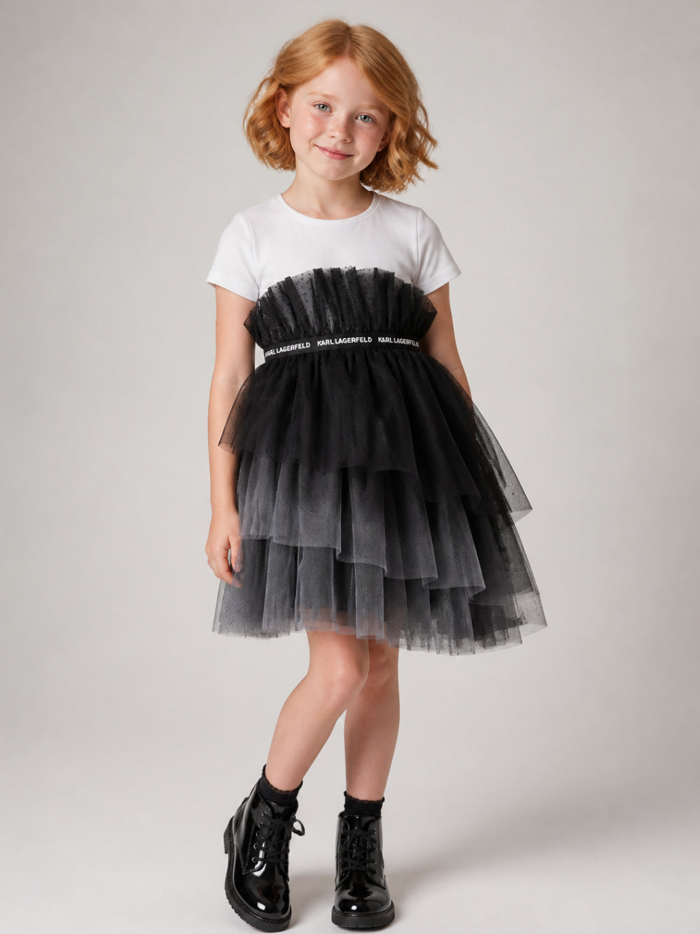 Abito per bambina Karl Lagerfeld Kids bianco e nero con ruches Z31326 N50 KARL LAGERFELD KIDS 