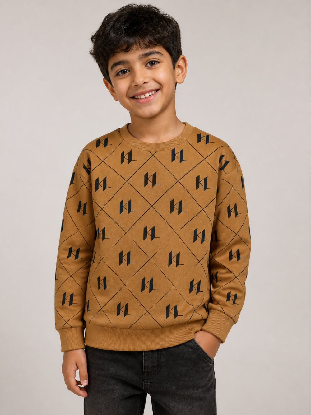 Felpa per bambino Karl Lagerfeld Kids cammello con monogramma Z31371 300 KARL LAGERFELD KIDS 