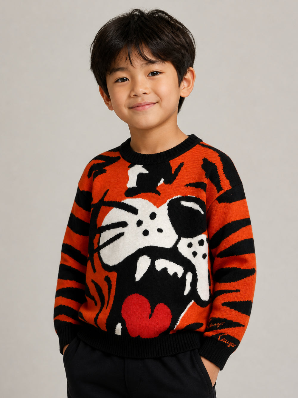 Maglione per bambino Kenzo Kids arancione e nero con motivo tigre a intarsio K61939 E10 KENZO KIDS 