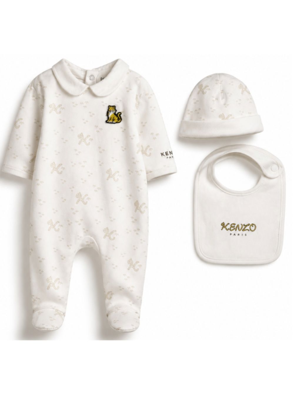 Set tutina, berretto e bavaglino per neonati Kenzo Kids bianco con stampa monogramma K62079 117 KENZO KIDS 