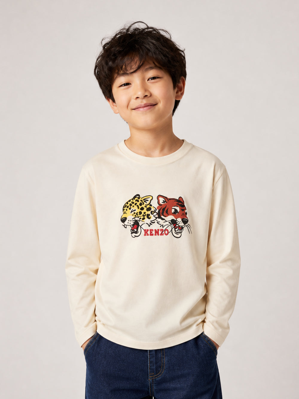 T-shirt per bambino Kenzo Kids beige con stampa Tigri sul davanti K62169 21G KENZO KIDS 