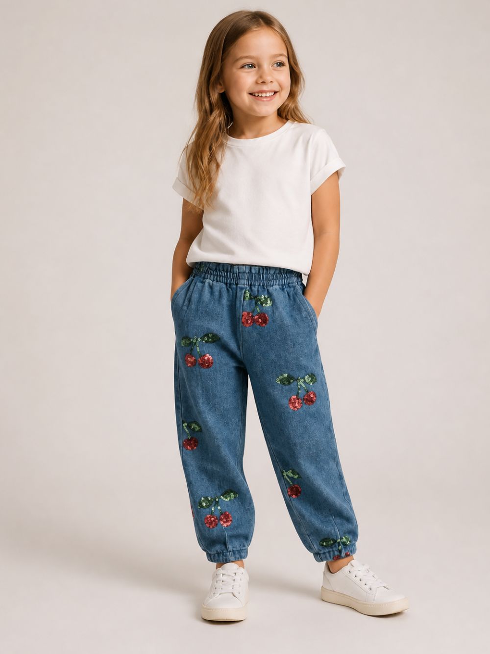 Jeans per bambina Konges Slojd Kids azzurri con motivo ciliegie KS106546 CHERRY KONGES SLOJD KIDS 