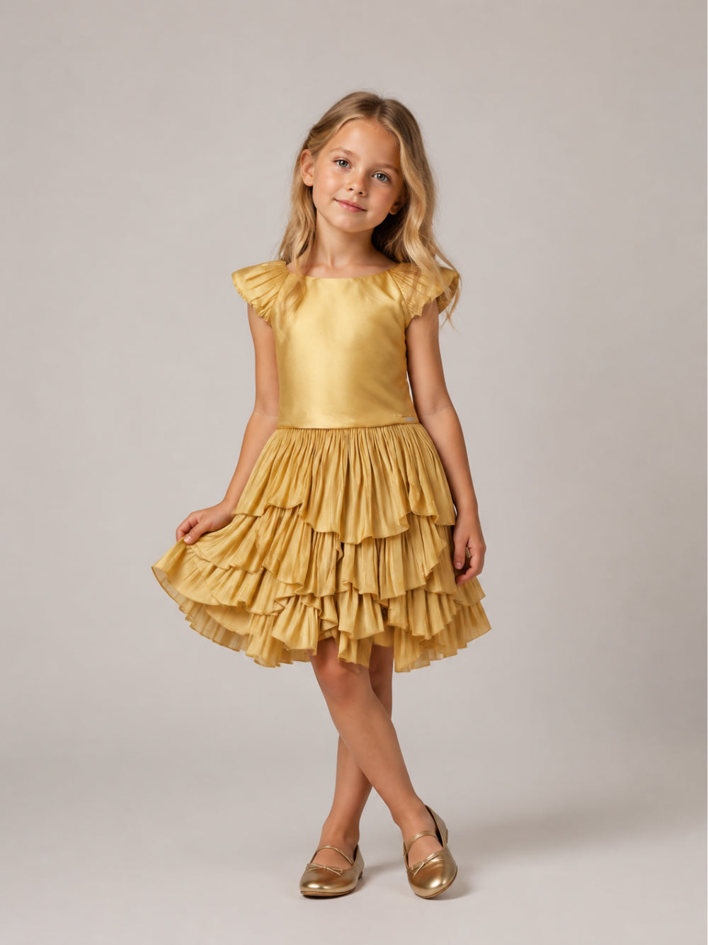 Abito per bambina Lanvin Kids coloro oro con gonna a balze N30421 593 LANVIN KIDS 