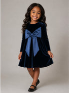 Abito per bambina La Stupenderia blu in velluto con dettaglio fiocco 3CJAB44 V46 LA STUPENDERIA KIDS 
