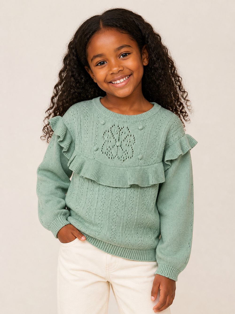 Maglione per bambina Louise Misha Kids verde con lavorazione pointelle GRC-W26-J0151 LICHEN LOUISE MISHA KIDS 