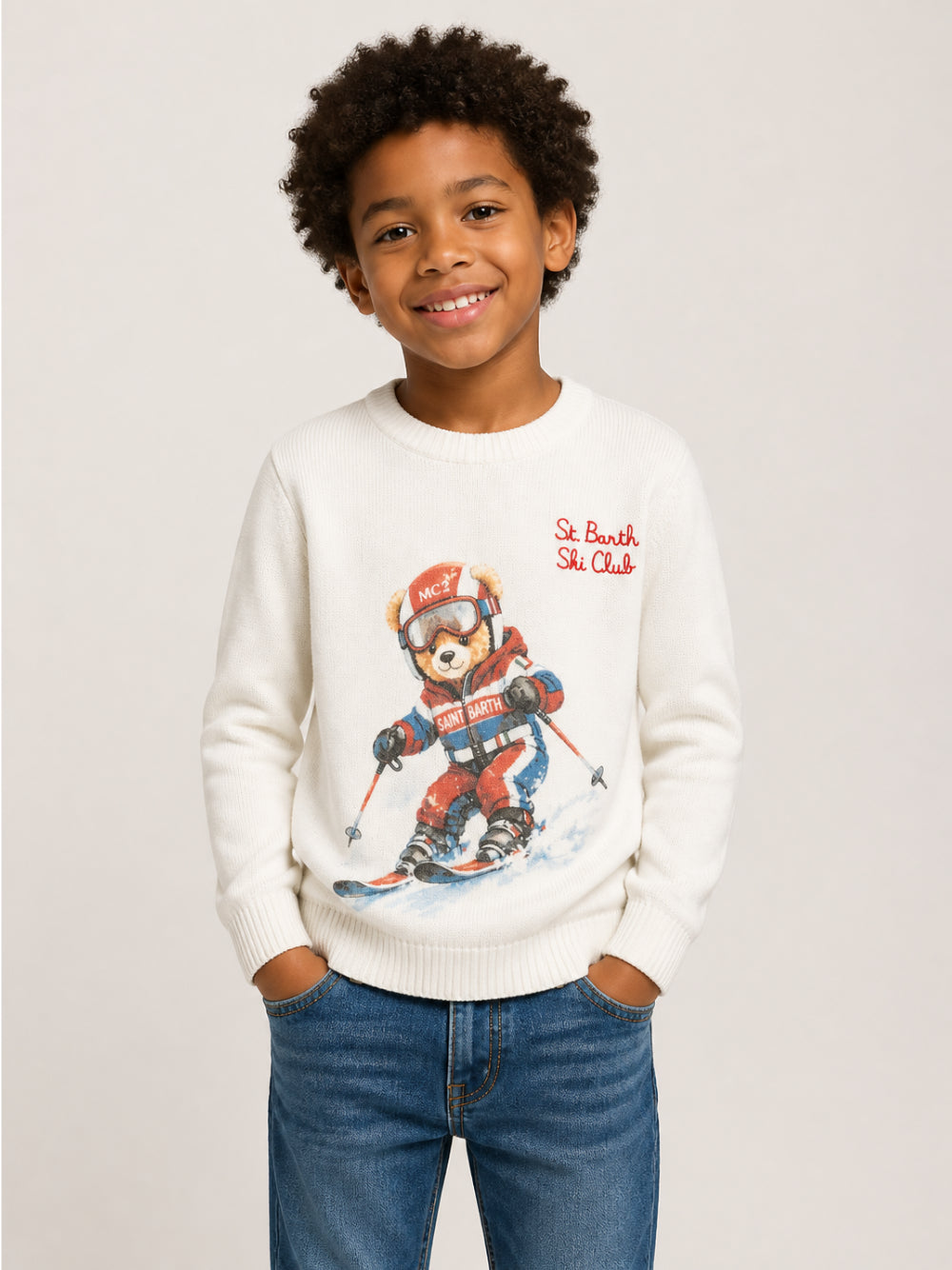 Maglione per bambino MC2 St. Barth Kids bianco con motivo orsetto sul davanti DOU0019 01794M MC2 ST. BARTH KIDS 