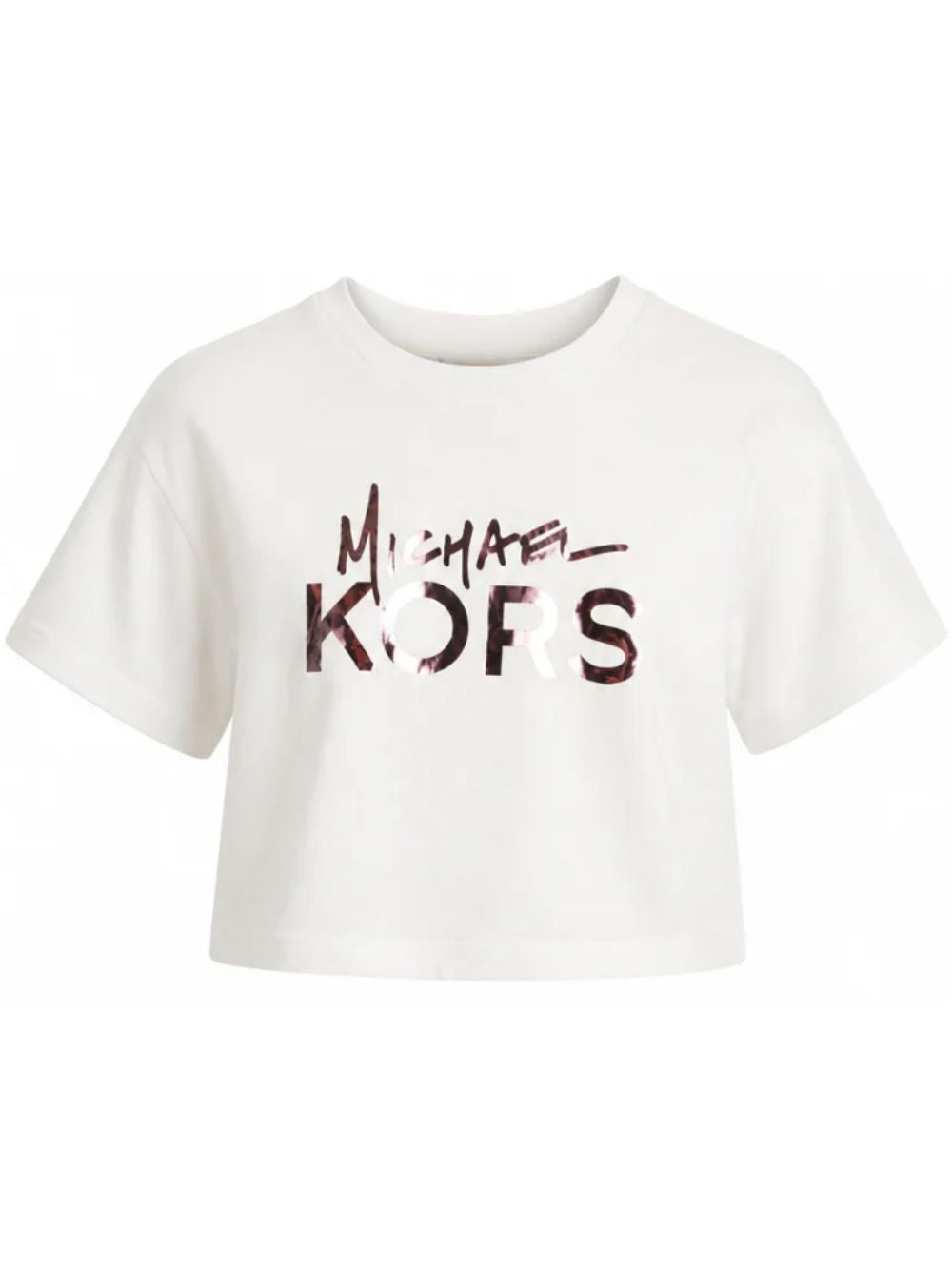 T-shirt per bambina Michael Kors Kids bianca con stampa logo metallizzato sul davanti R30686 117 MICHAEL KORS KIDS 