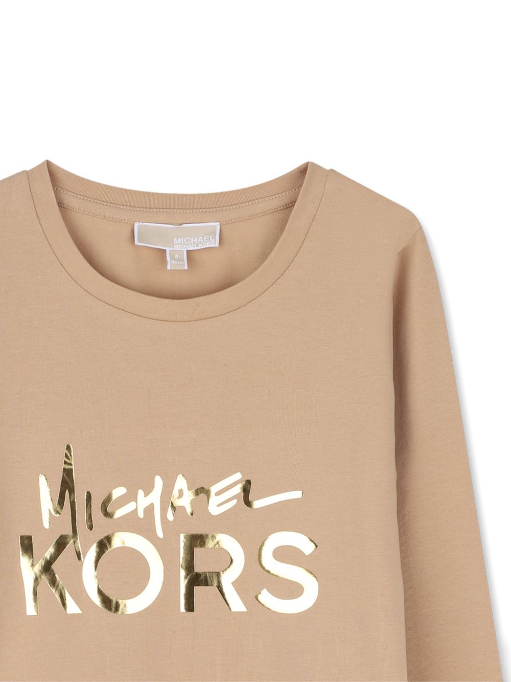 T-shirt per bambina Michael Kors Kids beige con stampa con logo metallizzato sul davanti R30825 301 MICHAEL KORS KIDS 
