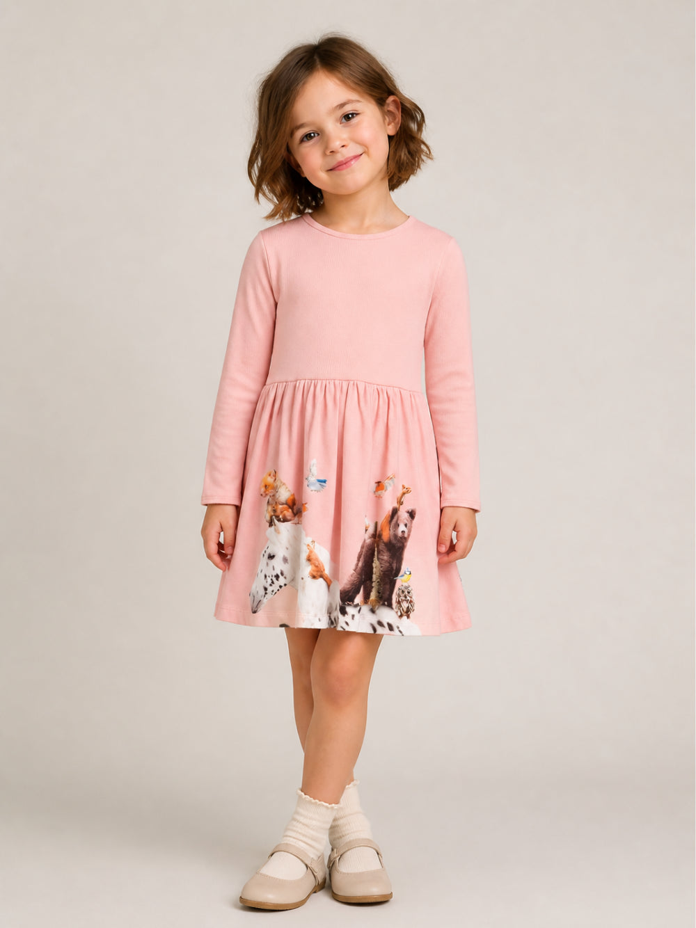 Abito per bambina Molo Kids rosa a maniche lunghe con stampa animali 2W26E207 5751 MOLO KIDS 