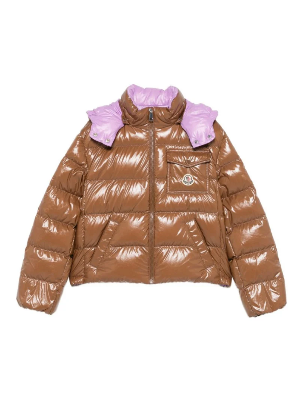 Giubbino imbottito per bambina Moncler Kids marrone con cappuccio a contrasto L29541A00003597EU 253 MONCLER KIDS 