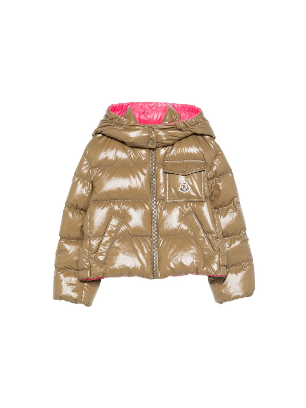 Giubbino imbottito per bambina Moncler Kids marrone con cappuccio a contrasto L29541A00003597EU 82E MONCLER KIDS 
