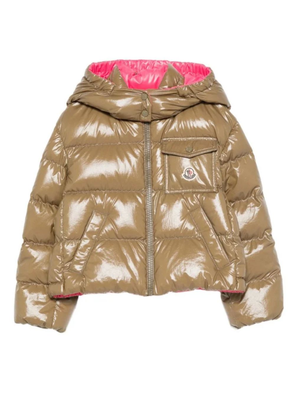 Giubbino imbottito per bambina Moncler Kids marrone con cappuccio a contrasto L29541A00003597EU 82E MONCLER KIDS 