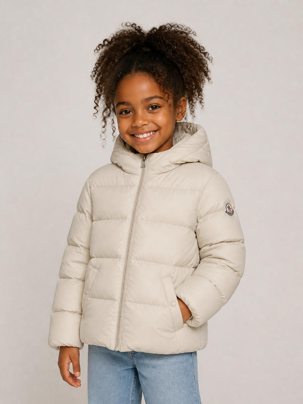 Giacca imbottita per bambini Moncler Kids beige con patch logo sul braccio L29541A0003353A5E 203 MONCLER KIDS 