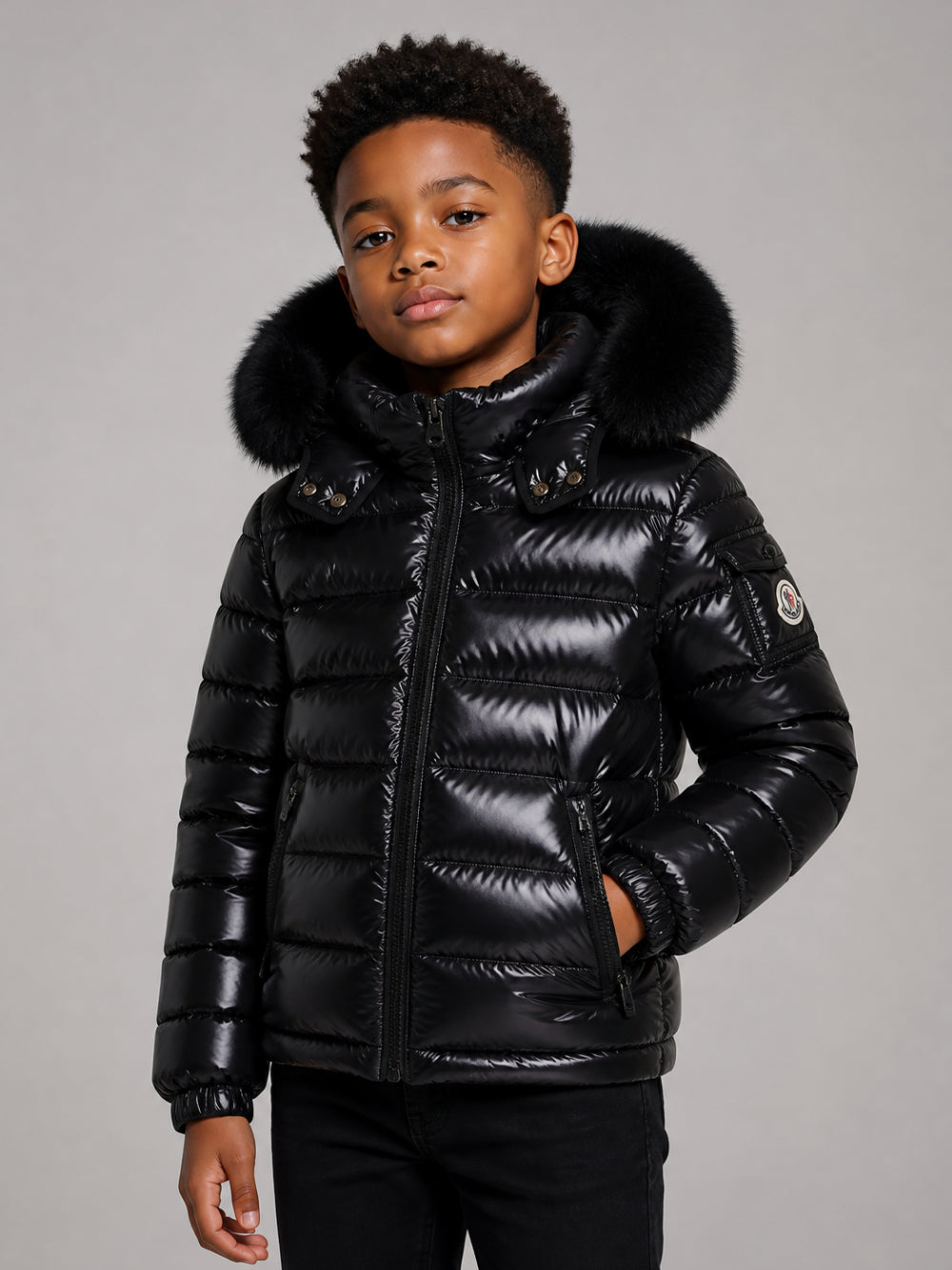Piumino Badyf per bambino Moncler Kids nero con cappuccio con bordo in finta pelliccia L29541A00054597Z8 999 MONCLER KIDS 