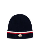 Berretto per bambino Moncler Enfant blu a righe con applicazione L29543B00001M4281 745 MONCLER KIDS 