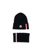 Set 2 pezzi berretto scaldacollo per bambino Moncler Kids blu con patch logo L29543G00006M1131 742 MONCLER KIDS 
