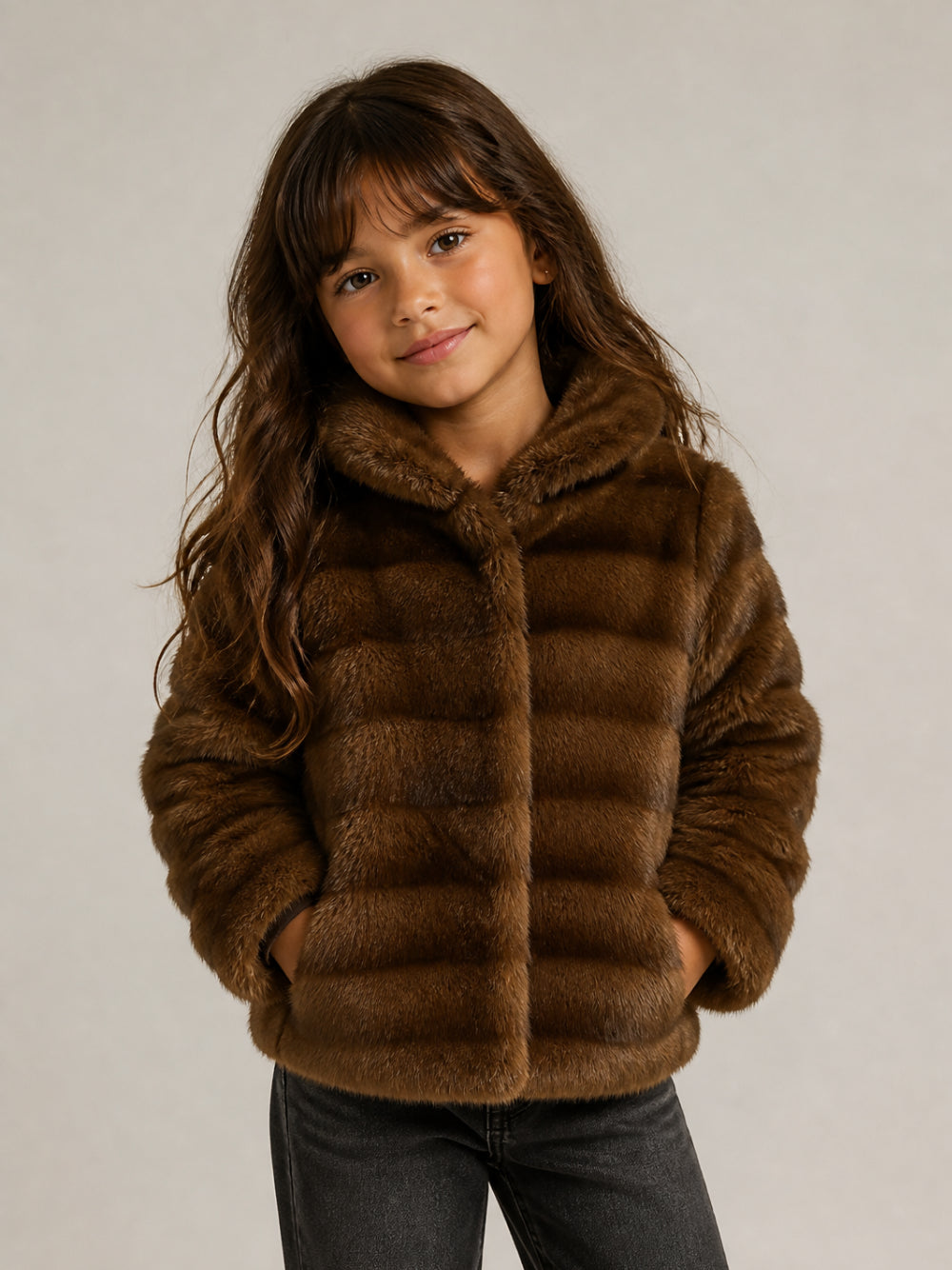 Giacca per bambina Monnalisa Kids marrone in pelliccia sintetica con cappuccio 17H101 8033 0006 MONNALISA KIDS 