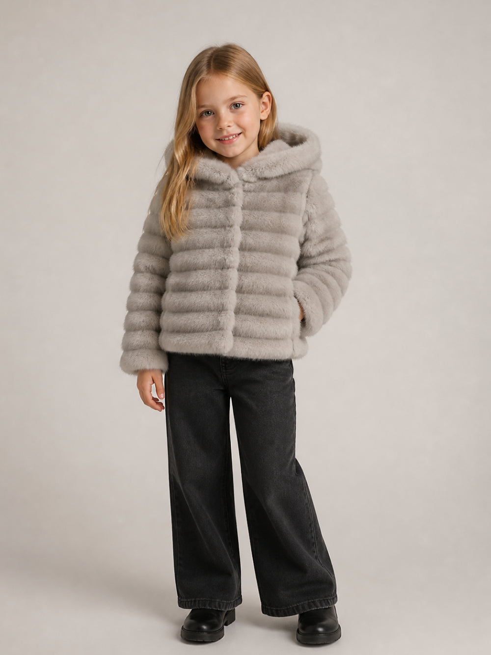 Giacca per bambina Monnalisa Kids grigio in pelliccia sintetica con cappuccio 17H101 8033 0032 MONNALISA KIDS 