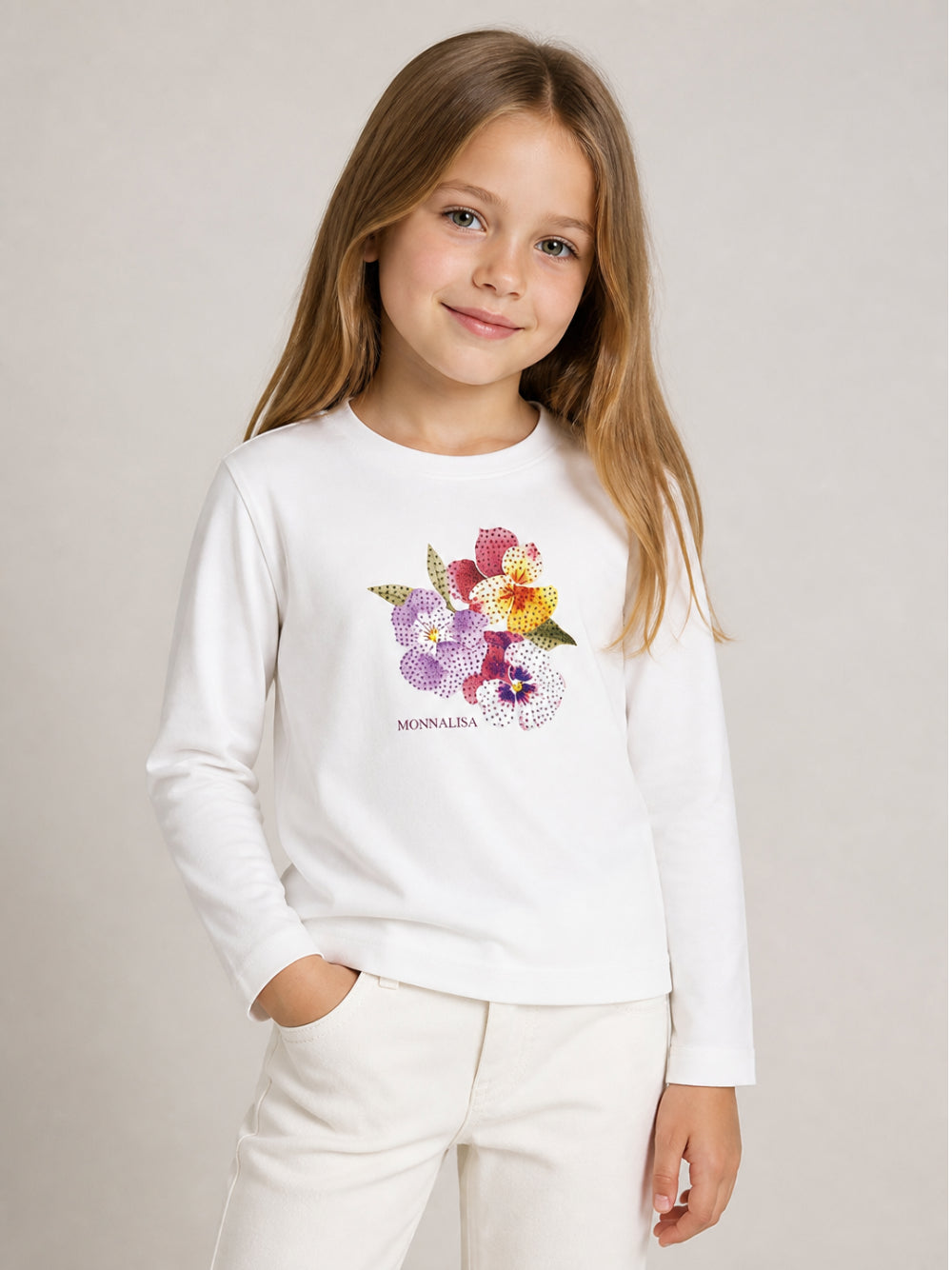T-shirt per bambina Monnalisa Kids bianca con stampa floreale 19H610 8015 0001 MONNALISA KIDS 