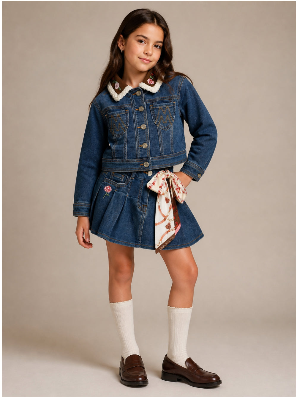 Gonna plissettata per bambina Monnalisa Kids in denim con motivo a fiori 19H700 8042 0055 MONNALISA KIDS 