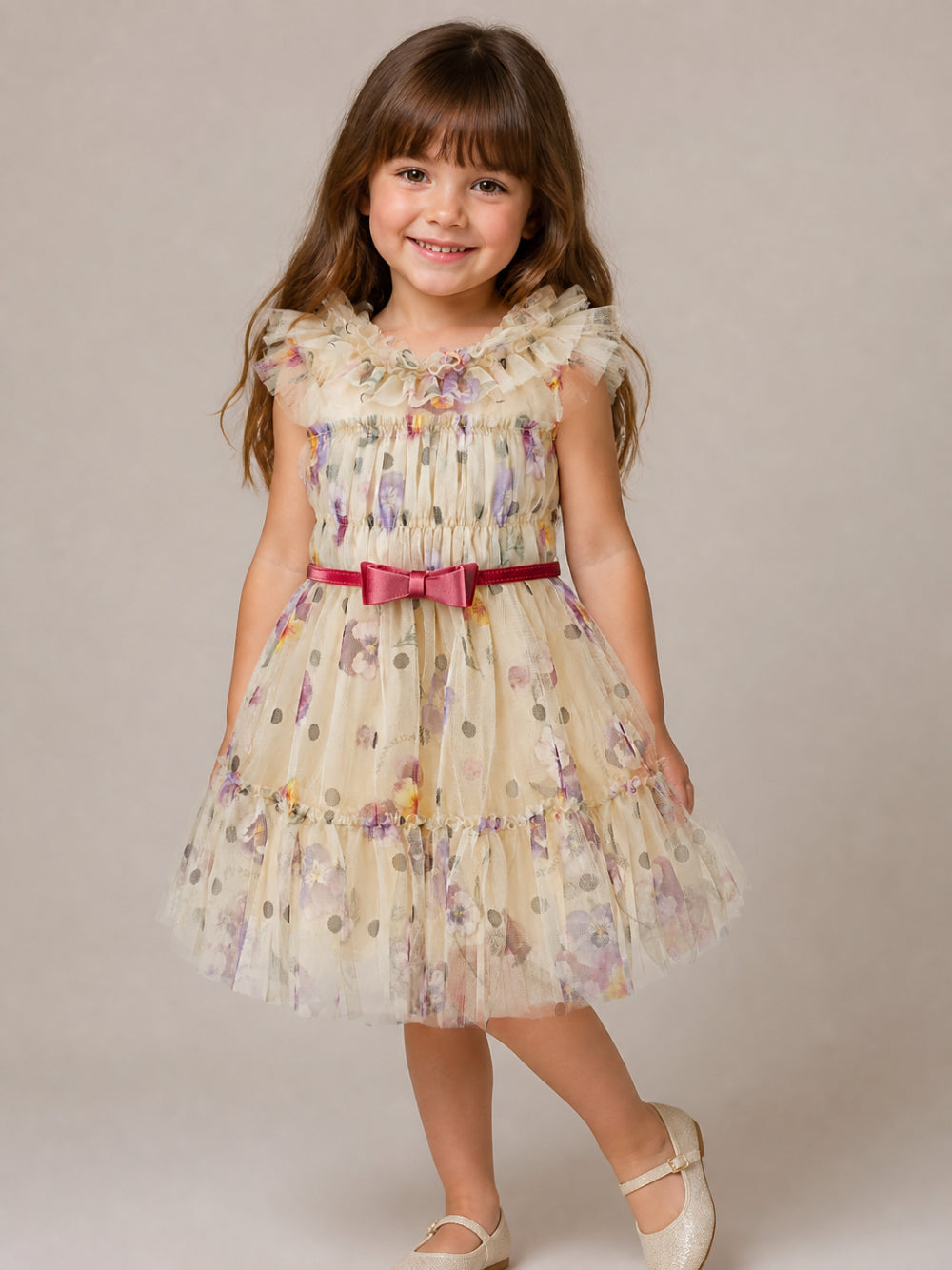 Abito per bambina Monnalisa Kids beige con motivo a pois 19H904 8050 029F MONNALISA KIDS 