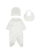 Set tutina cappellino e bavaglino per neonata Monnalisa Kids bianco con ricami floreali 35H503 8070 0001 MONNALISA KIDS 