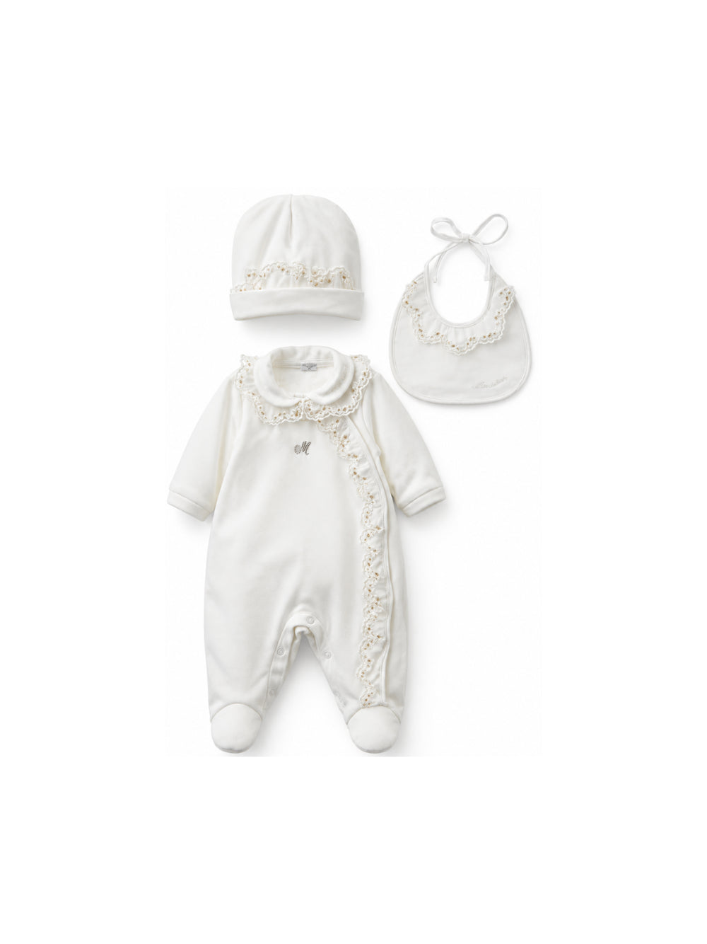 Set tutina cappellino e bavaglino per neonata Monnalisa Kids bianco con ricami floreali 35H503 8070 0001 MONNALISA KIDS 