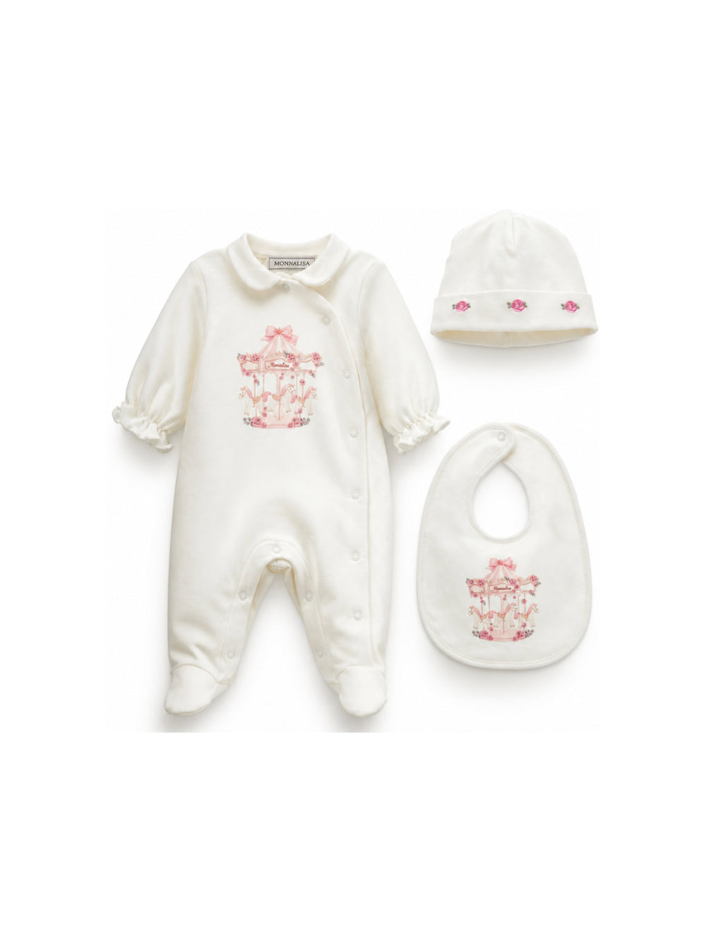 Set tutina cappellino e bavaglino per neonata Monnalisa Kids bianco con stampa grafica carosello 35H509 8000 0001 MONNALISA KIDS 