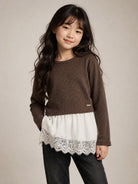 Maglione per bambina Monnalisa Kids marrone con rifinitura in pizzo 41H607 8214 0006 MONNALISA KIDS 