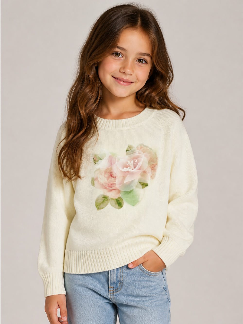 Maglione per bambina Monnalisa Kids bianco con stampa grafica floreale 79H600 8062 0001 MONNALISA KIDS 