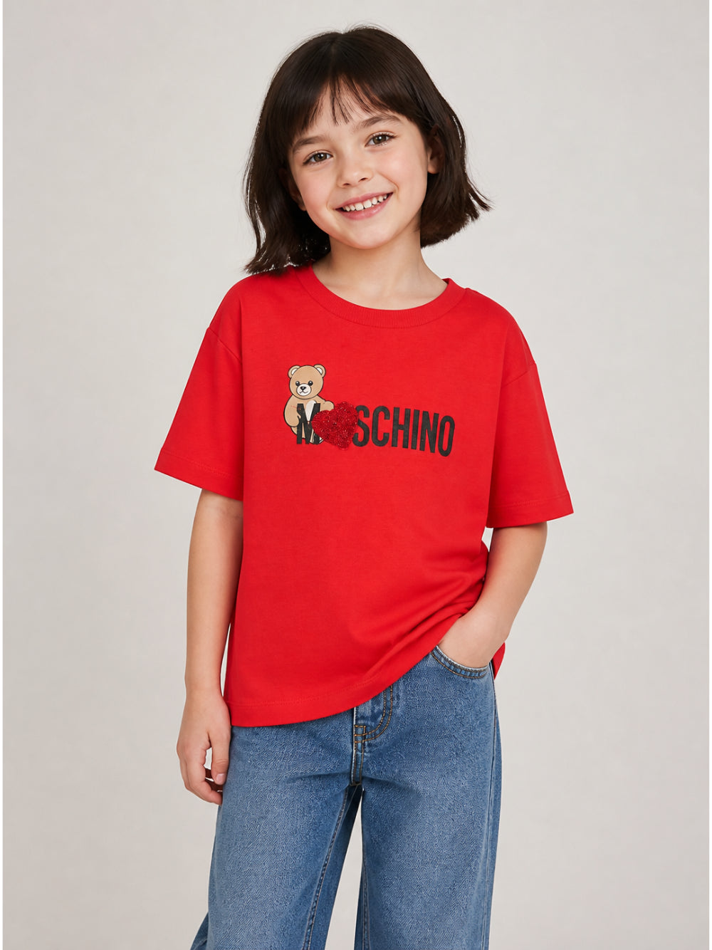 T-shirt per bambina Moschino Kids rossa con stampa Teddy sul davanti H1M060LBA11 50109 MOSCHINO KIDS 