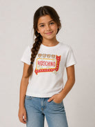 T-shirt per bambini Moschino Kids bianca con stampa grafica popcorn sul davanti H5M058LAA59 10063 MOSCHINO KIDS 