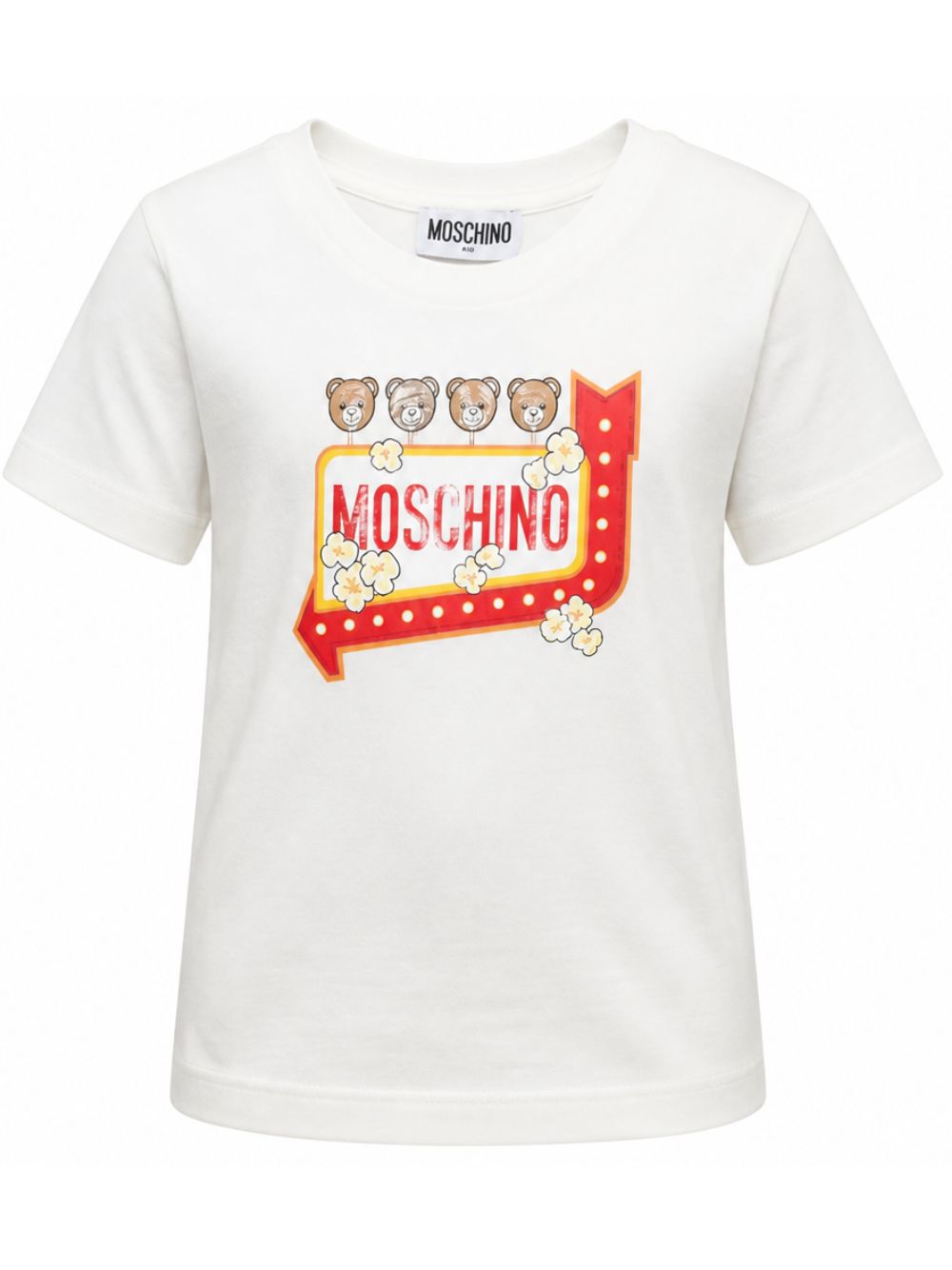 T-shirt per bambini Moschino Kids bianca con stampa grafica popcorn sul davanti H5M058LAA59 10063 MOSCHINO KIDS 