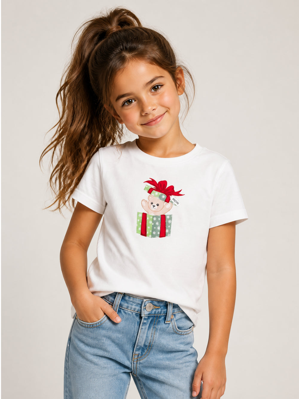 T-shirt per bambini Moschino Kids bianco con stampa orsetto sul davanti H9M058LAA10 10063 MOSCHINO KIDS 
