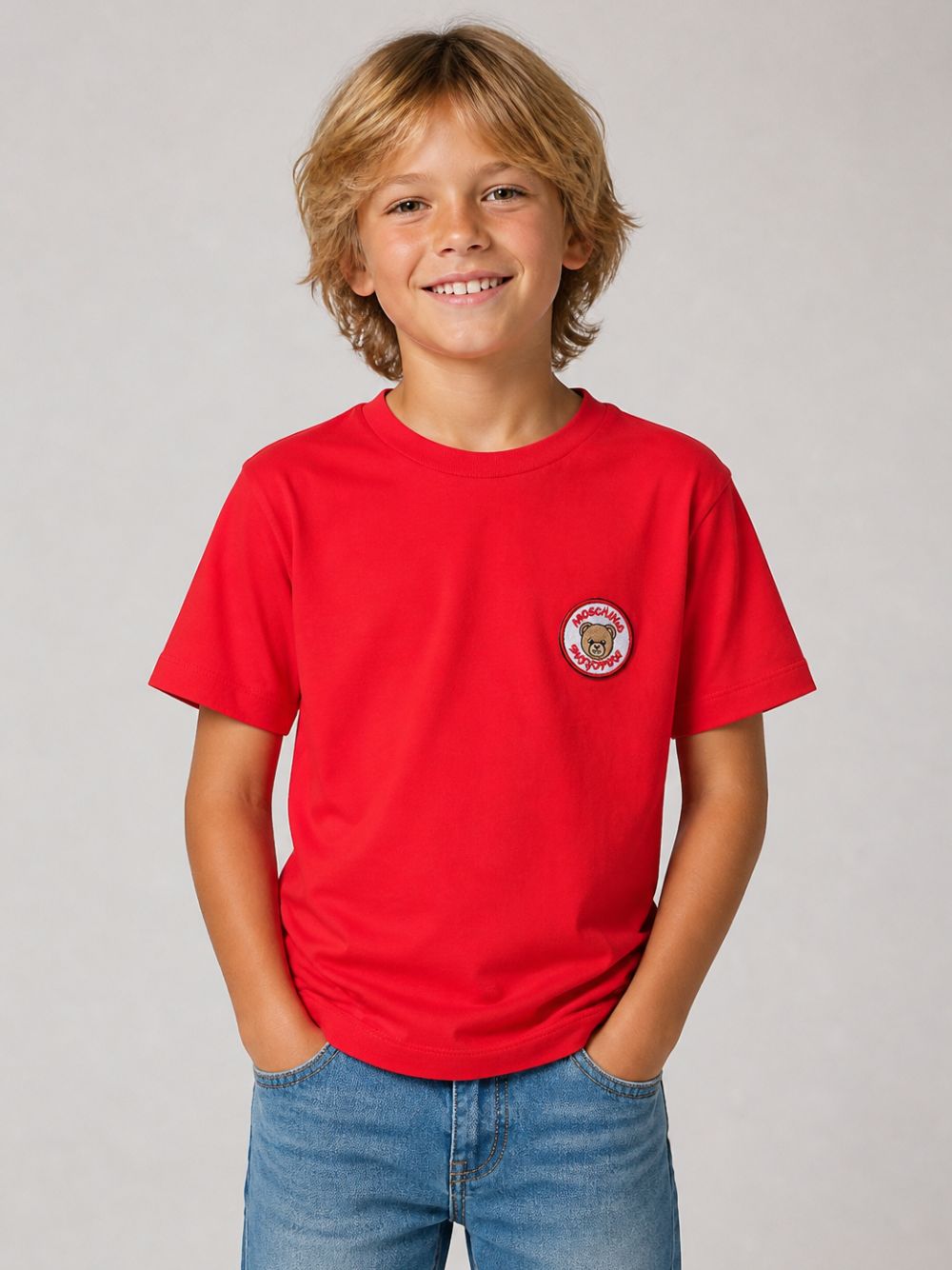 T-shirt per bambini Moschino Kids rossa con Teddy Bear applicato sul petto H9M05GLAA59 50109 MOSCHINO KIDS 