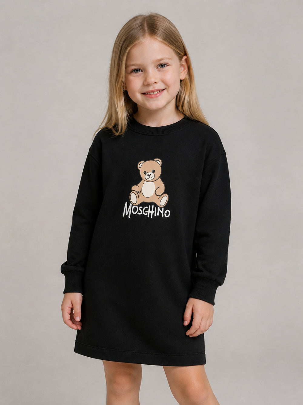 Abito per bambina Moschino Kids nero con stampa Teddy sul davanti HBV0GYLCA94 60100 MOSCHINO KIDS 