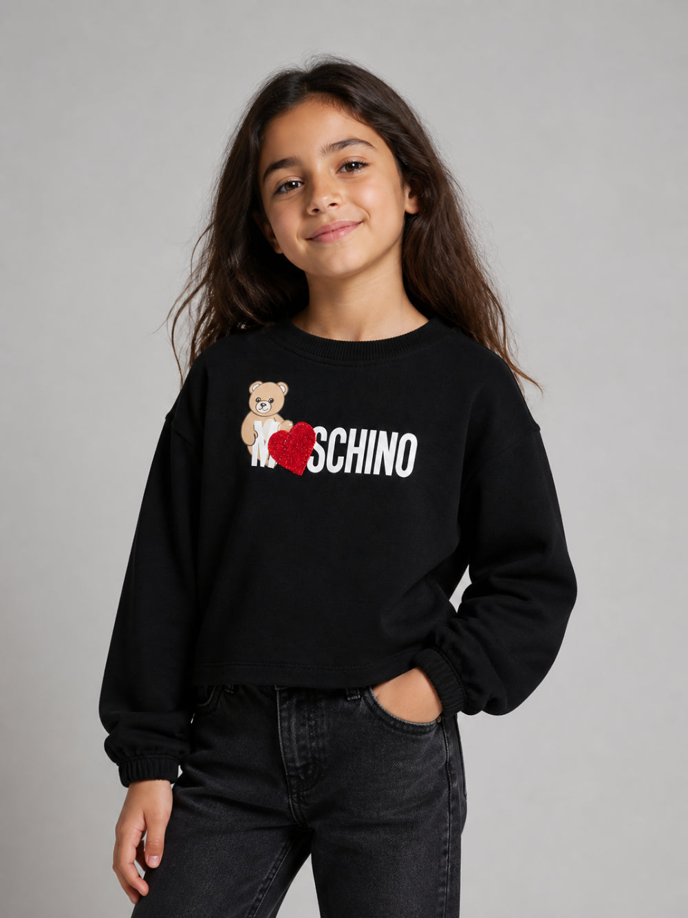 Felpa per bambina Moschino Kids nera con stampa logo sul davanti HDF06ULDA18 60100 MOSCHINO KIDS 